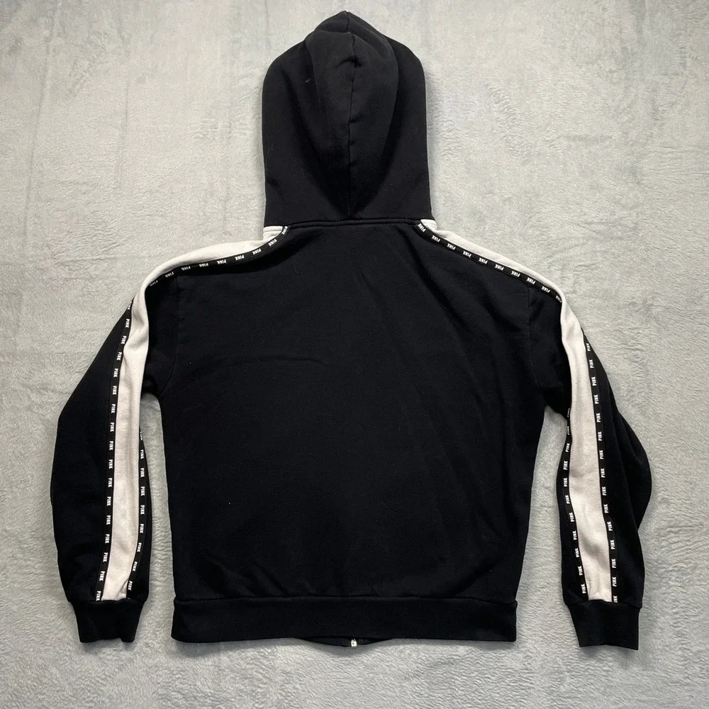 PINK Victoria's Secret Zip Hoodie Women Medium Black Sherpa Hood white Stripe - Picture 11 of 11